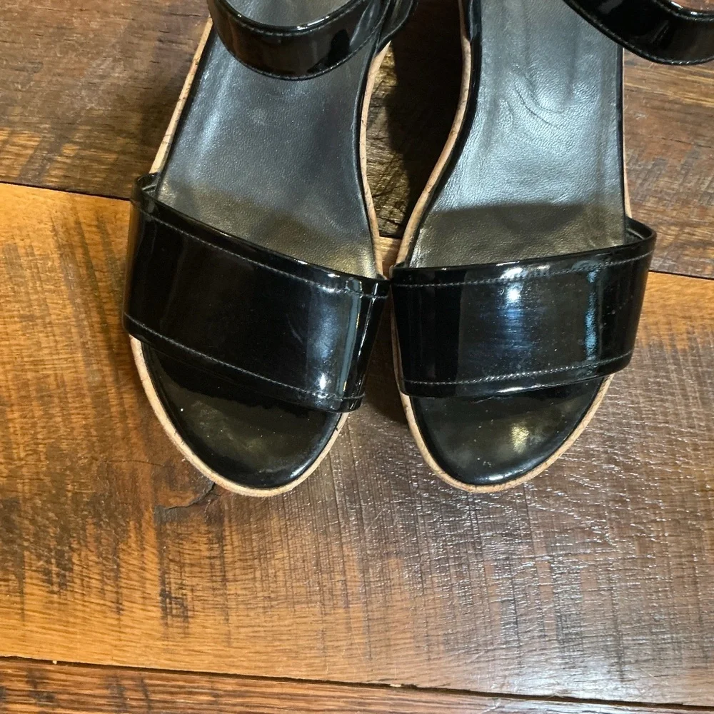 Stuart Weitzman Black Patent Leather Cork Wedge Sandals | size 7 - Picture 3 of 9